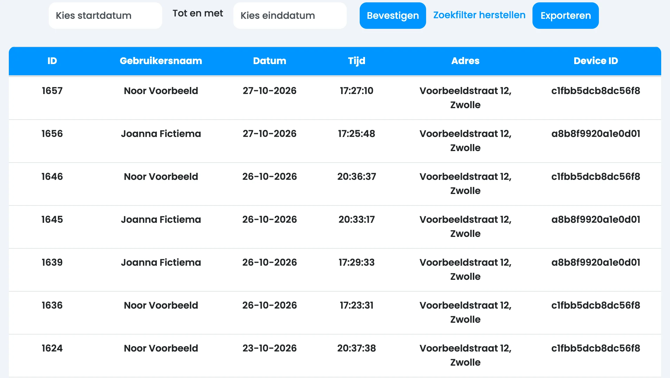 Beheerportaal van Virgam, demo-omgeving: de klokmomenten van het object Het Voorbeeld - lokalen. Per regel de medewerker, datum, tijd, adres en toestel. Bovenaan van vandaag 17:25 en 17:27, daaronder de avond ervoor tot 20:36. Met datumfilter en de knop Exporteren.